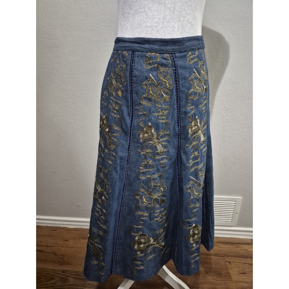 Ann Gerlin Denim Midi Skirt Gold Color‎ Embroidery Blue Size 12 Lined Unique